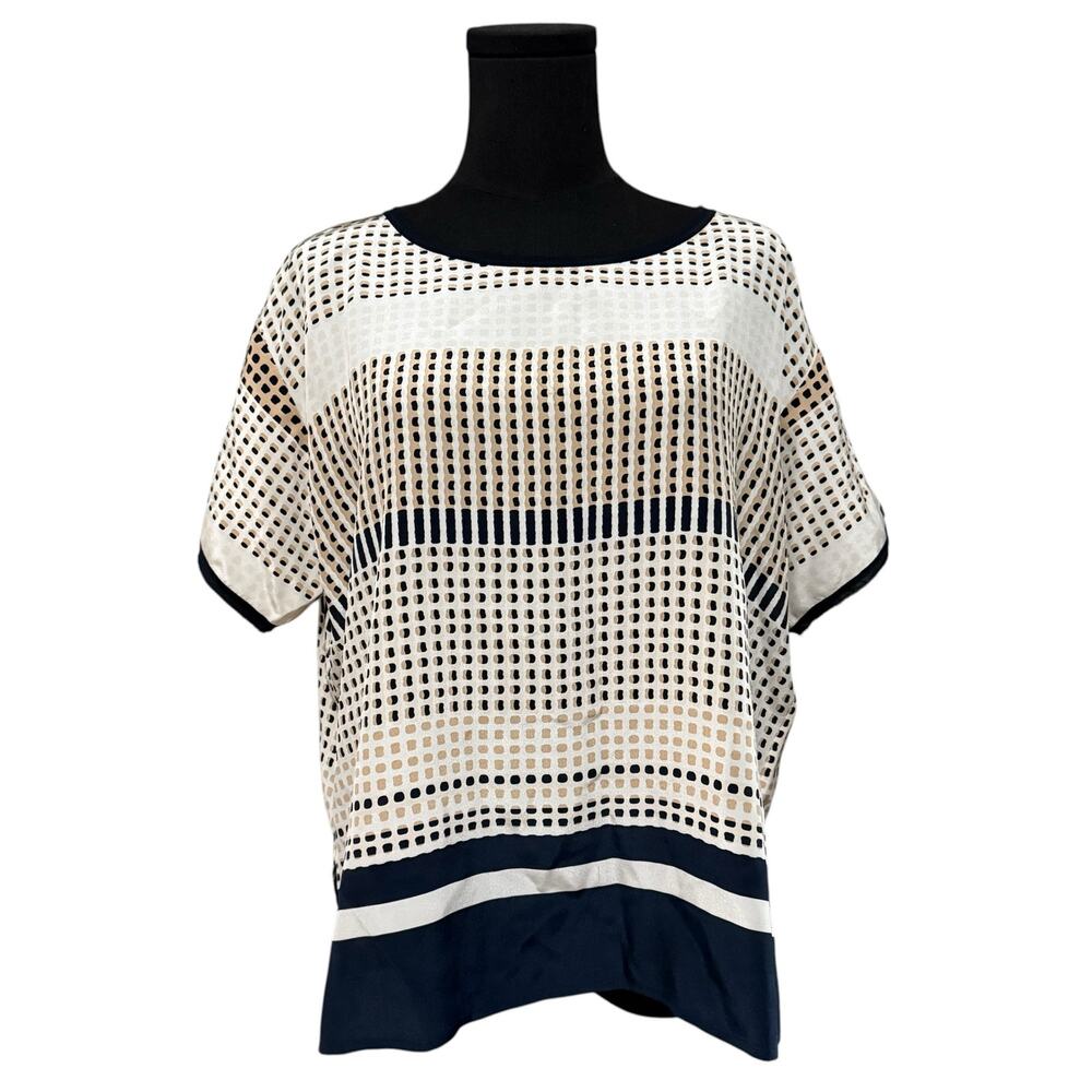 Vince. Silk Top Short Sleeve Blouse Pattern Print Cream Navy Blue Career Medium